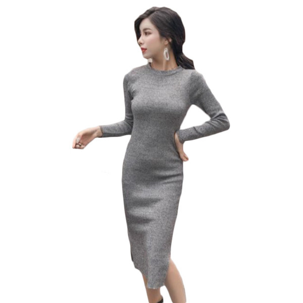 Rochie de dama cu decolteu rotund si slip model Slim in bej, gri si negru