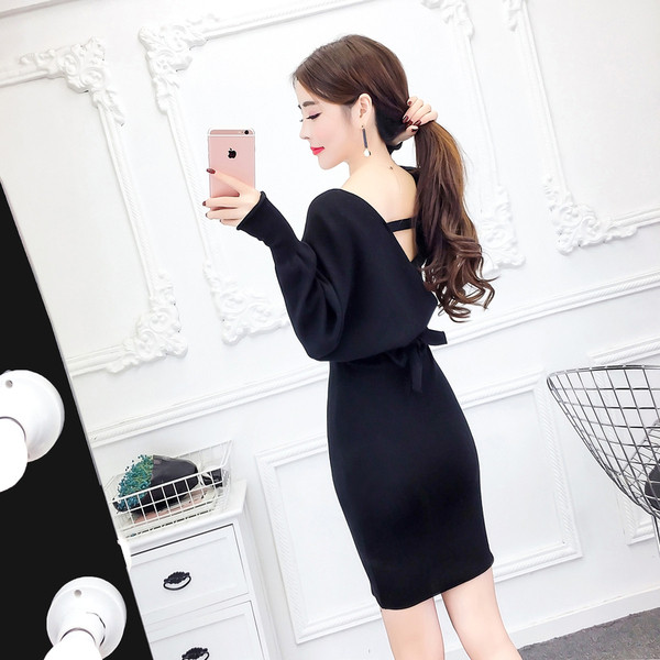 Rochie moderna de dama tricotata cu curea si decolteu spitz in mai multe culori