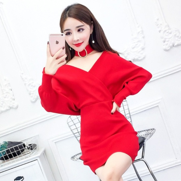 Rochie moderna de dama tricotata cu curea si decolteu spitz in mai multe culori