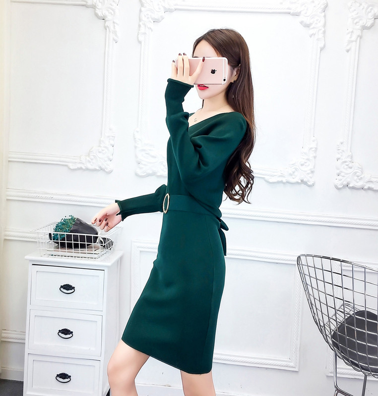 Rochie moderna de dama tricotata cu curea si decolteu spitz in mai multe culori