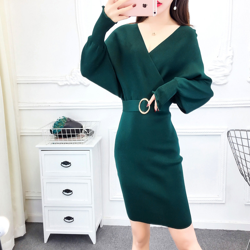 Rochie moderna de dama tricotata cu curea si decolteu spitz in mai multe culori