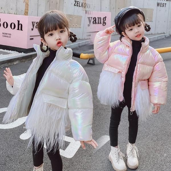 Geaca de iarna pentru copii moderna pentru fete in roz si alb cu guler inalt si puf