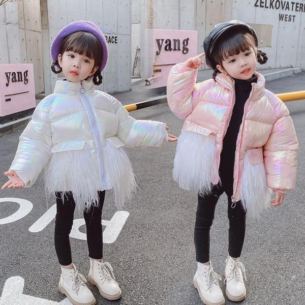 Geaca de iarna pentru copii moderna pentru fete in roz si alb cu guler inalt si puf