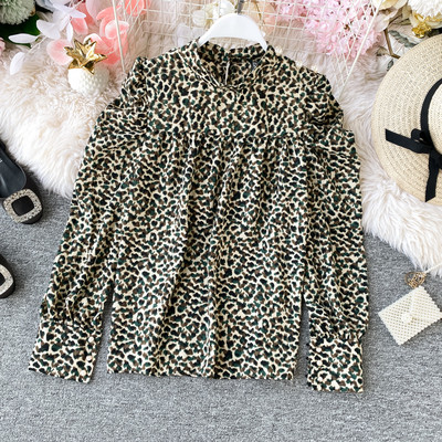 Cămașă modernă de șifon de damă cu model leopard și mâneci lungi în două culori