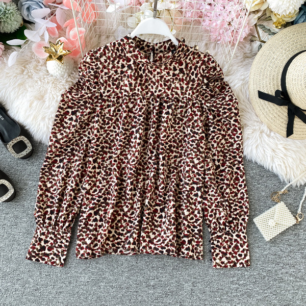 Cămașă modernă de șifon de damă cu model leopard și mâneci lungi în două culori