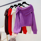 Pulover de dama tricotat cu nasturi si maneci late in mov, maro, rosu si alb