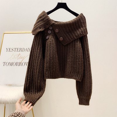 Pulover de dama tricotat cu nasturi si maneci late in mov, maro, rosu si alb