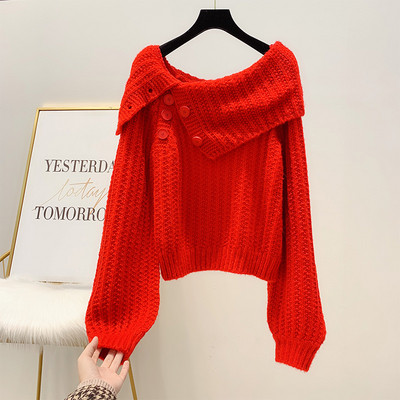 Pulover de dama tricotat cu nasturi si maneci late in mov, maro, rosu si alb