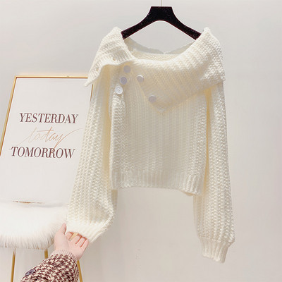 Pulover de dama tricotat cu nasturi si maneci late in mov, maro, rosu si alb