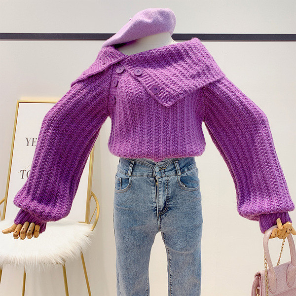 Pulover de dama tricotat cu nasturi si maneci late in mov, maro, rosu si alb