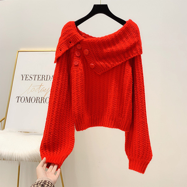 Pulover de dama tricotat cu nasturi si maneci late in mov, maro, rosu si alb