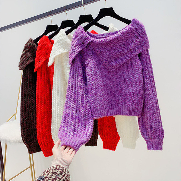 Pulover de dama tricotat cu nasturi si maneci late in mov, maro, rosu si alb