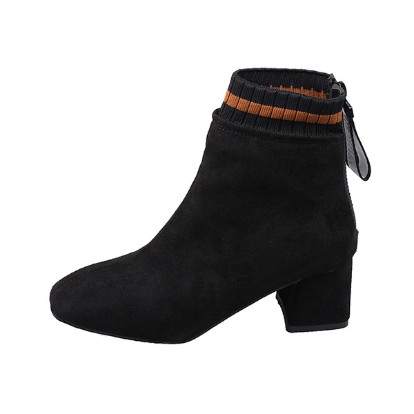 Cizme moderne de dama cu toc gros potrivite pentru iarna in negru si bej