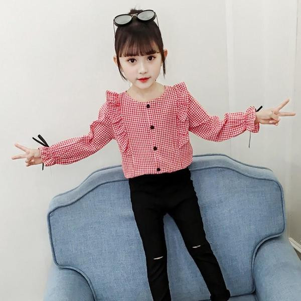 Cămașă pentru copii în carouri pentru fete în două culori cu decolteu rotund și bucle