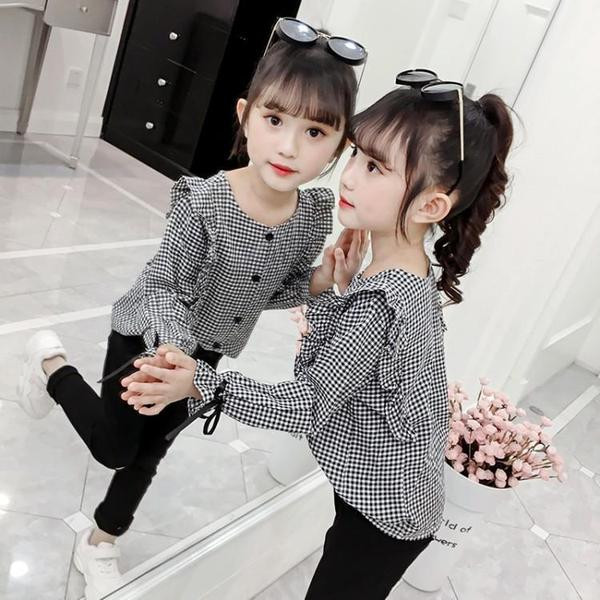 Cămașă pentru copii în carouri pentru fete în două culori cu decolteu rotund și bucle