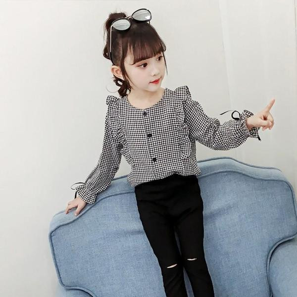 Cămașă pentru copii în carouri pentru fete în două culori cu decolteu rotund și bucle