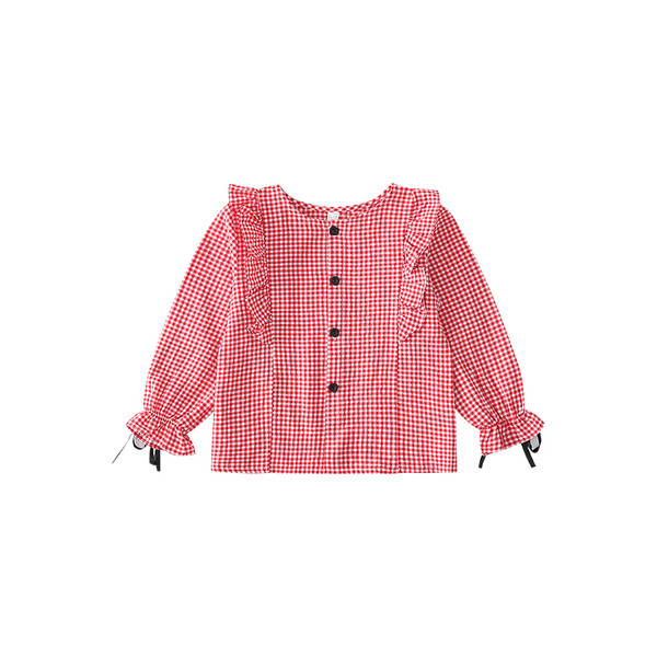 Cămașă pentru copii în carouri pentru fete în două culori cu decolteu rotund și bucle