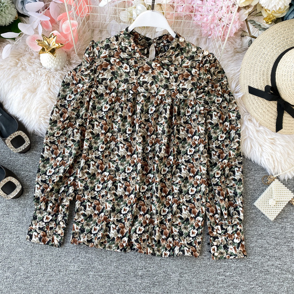 Μοντέρνο γυναικείο πουκάμισο με ψηλό κολάρο και floral μοτίβο σε τέσσερα χρώματα