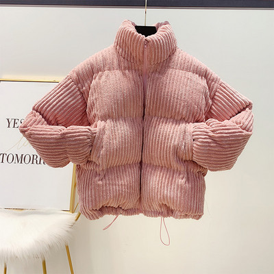 Zöld, rózsaszín és fehér női kordbársony téli kabát cipzárral