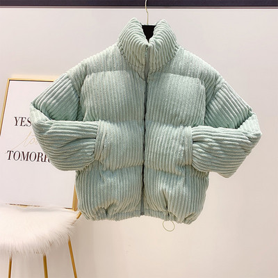 Zöld, rózsaszín és fehér női kordbársony téli kabát cipzárral