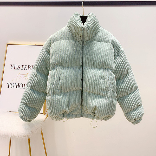 Zöld, rózsaszín és fehér női kordbársony téli kabát cipzárral