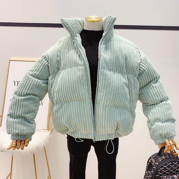 Zöld, rózsaszín és fehér női kordbársony téli kabát cipzárral