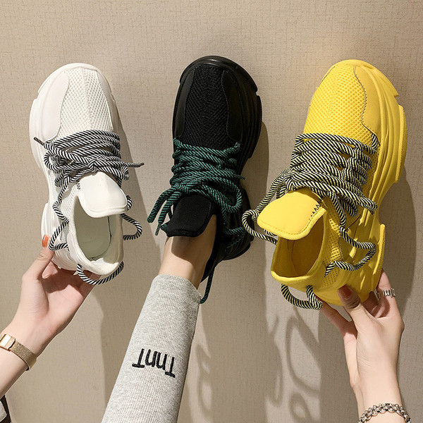 Tenisi casual dama cu sireturi colorate in negru, galben si alb