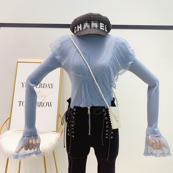 Γυναικείο φθινόπωρο-Χειμερινό  Slim Knit Πουλόβερ με Polo κολάρο και Τούλι