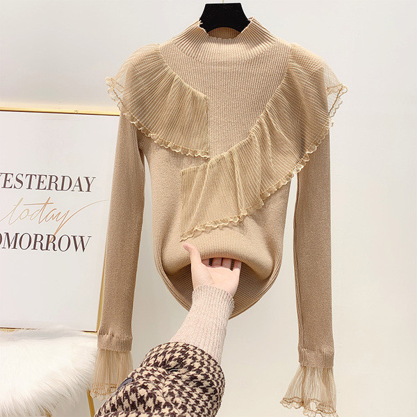 Γυναικείο φθινόπωρο-Χειμερινό  Slim Knit Πουλόβερ με Polo κολάρο και Τούλι