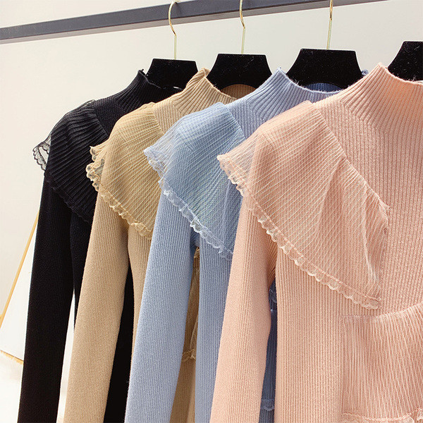 Γυναικείο φθινόπωρο-Χειμερινό  Slim Knit Πουλόβερ με Polo κολάρο και Τούλι