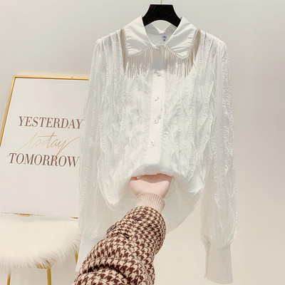 Cămașă de șifon de damă cu bucle și guler clasic cu franjuri în alb, negru și roșu