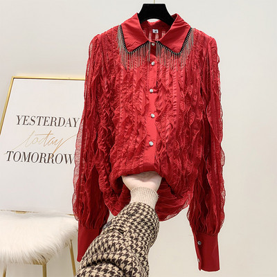 Cămașă de șifon de damă cu bucle și guler clasic cu franjuri în alb, negru și roșu