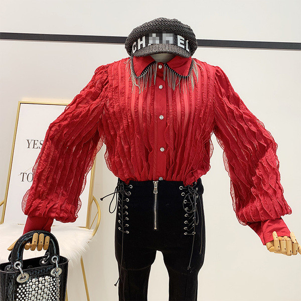 Cămașă de șifon de damă cu bucle și guler clasic cu franjuri în alb, negru și roșu