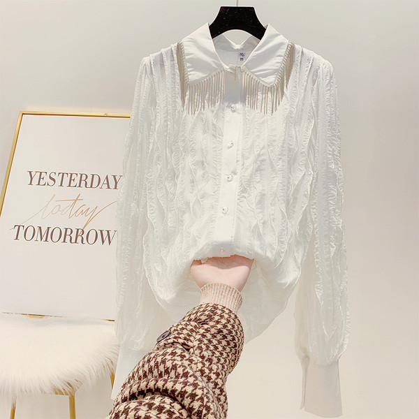 Cămașă de șifon de damă cu bucle și guler clasic cu franjuri în alb, negru și roșu