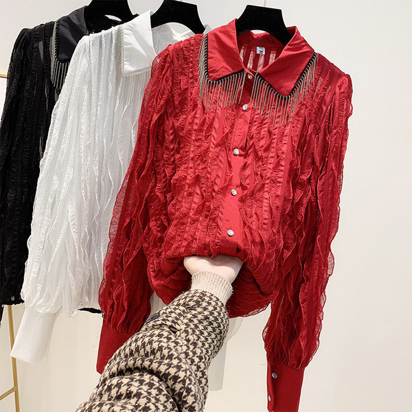 Cămașă de șifon de damă cu bucle și guler clasic cu franjuri în alb, negru și roșu