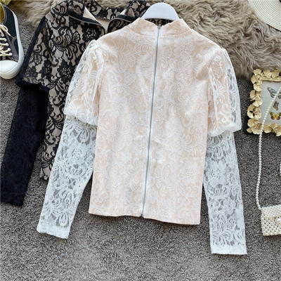 Modern női csipke ing fekete és bézs cipzárral