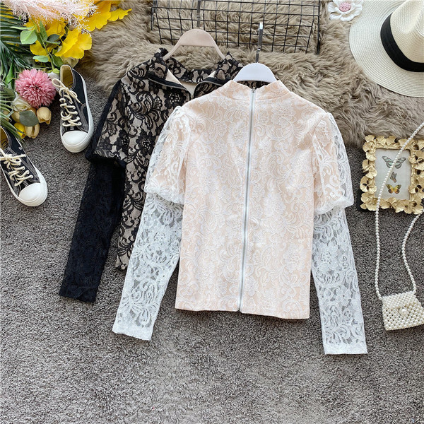 Modern női csipke ing fekete és bézs cipzárral