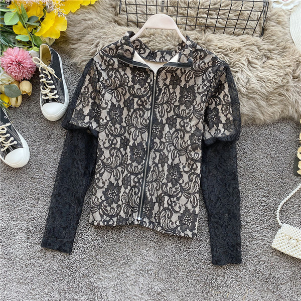 Modern női csipke ing fekete és bézs cipzárral