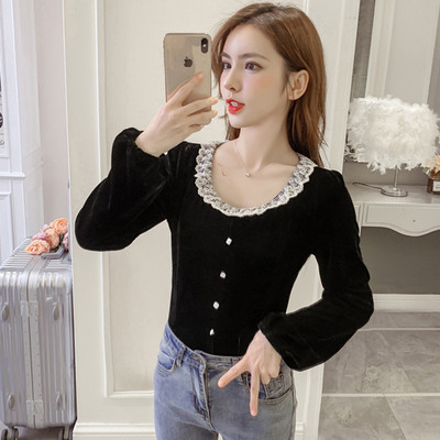 Γυναικεία βελούδινη μπλούζα ρετρό στυλ με στρογγυλό ντεκολτέ και κουμπιά
