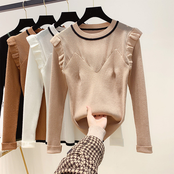 Női pulóver kerek nyakkivágással fehér, fekete, bézs és barna színben