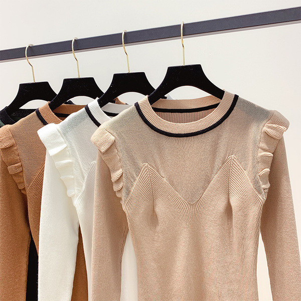 Női pulóver kerek nyakkivágással fehér, fekete, bézs és barna színben