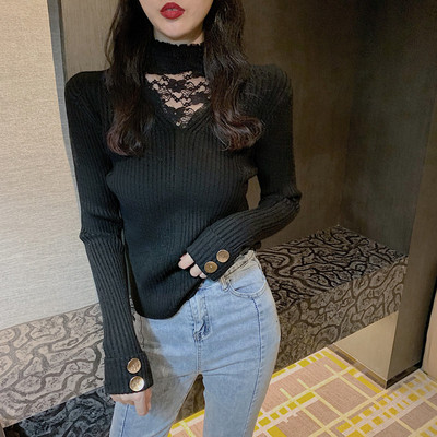 Γυναικείο πουλόβερ με V λαιμόκοψη και λουράκι σε μπεζ, πράσινο και μαύρο χρώμα