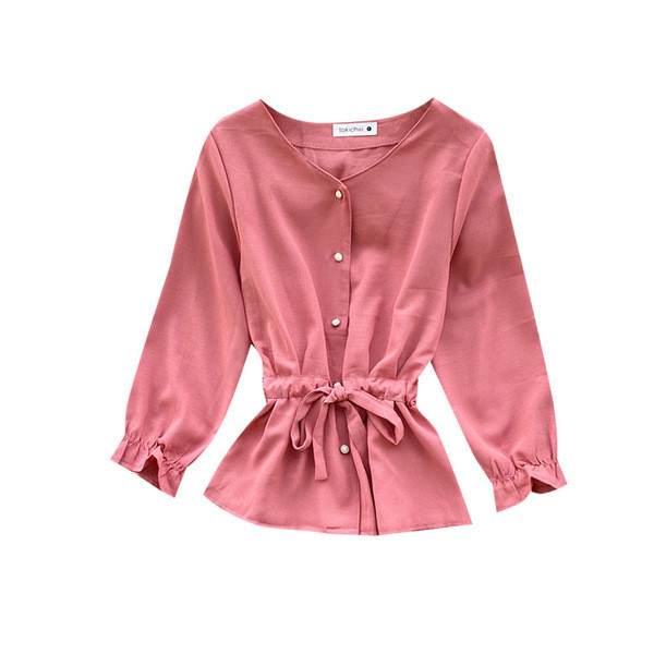 Stílusos női ing derékkötővel és sárga, piros, fehér, fekete és rózsaszín gombokkal