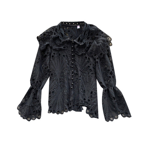 Cămașă elegantă de damă cu dantelă și mâneci lotus în alb și negru