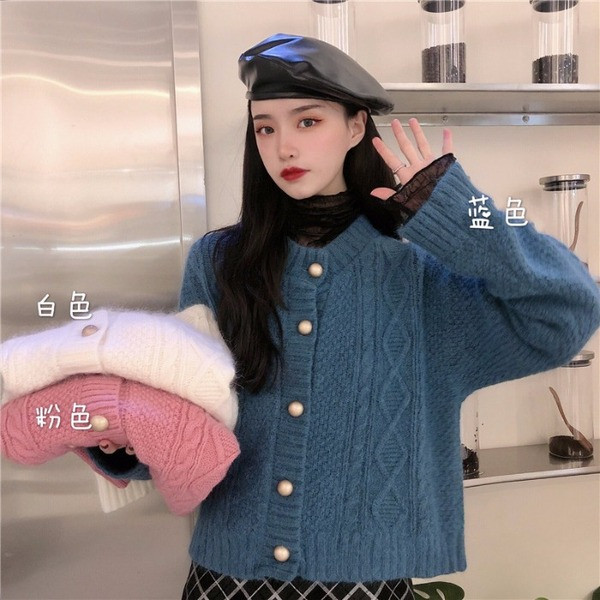 Női kötött kardigán széles modell kék, fehér és rózsaszín színekben