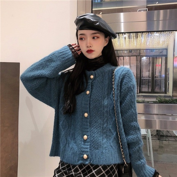 Női kötött kardigán széles modell kék, fehér és rózsaszín színekben