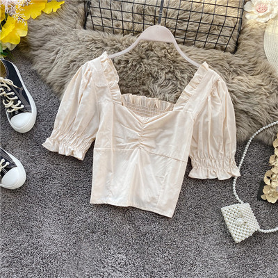 Μοντέρνα κοντή μπλούζα γυναικών με τετράγωνη λαιμόκοψη και κοντά μανίκια σε κίτρινο, λευκό, ροζ, πορτοκαλί και μπεζ χρώμα