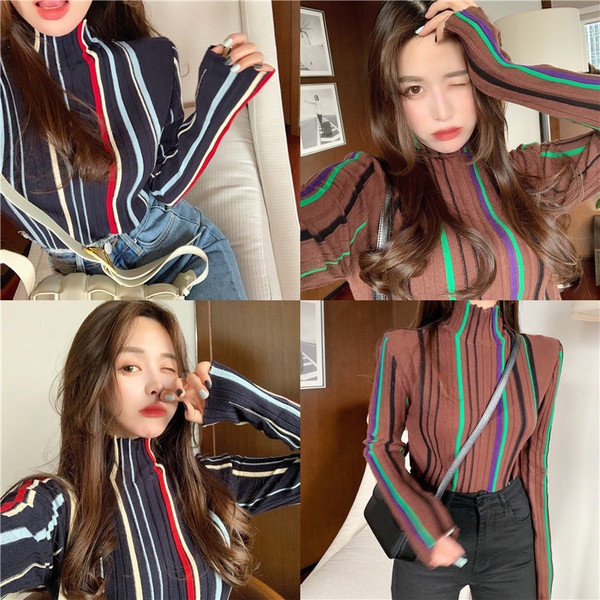 Γυναικεα ριγέ μπλούζα με κολάρο σε καφέ και μπλε χρώμα