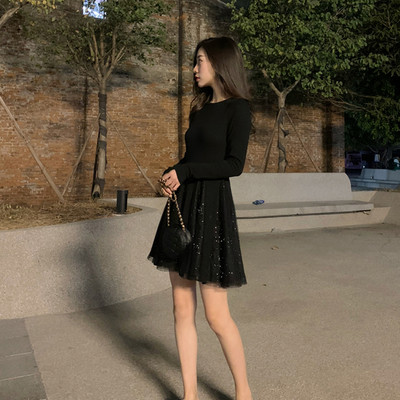 Νέο μοντέλο γυναικείο φόρεμα με στρογγυλη λαιμόκοψη σε μαύρο και μπεζ χρώμα