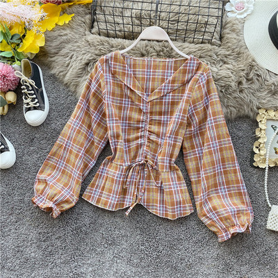 Cămașă în carouri de damă modernă, cu decolteu și cravate, în roz, galben, albastru, maro, roșu